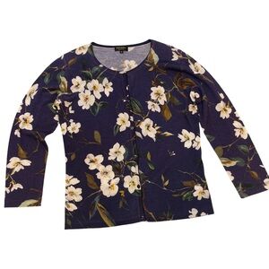 Escada Vintage Navy Floral 100% Wool Cardigan Sweater Size M